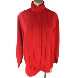 Vintage 80s Hill Archer Red High Neck Pleated Blouse Size 12 Long Sleeve Pleated